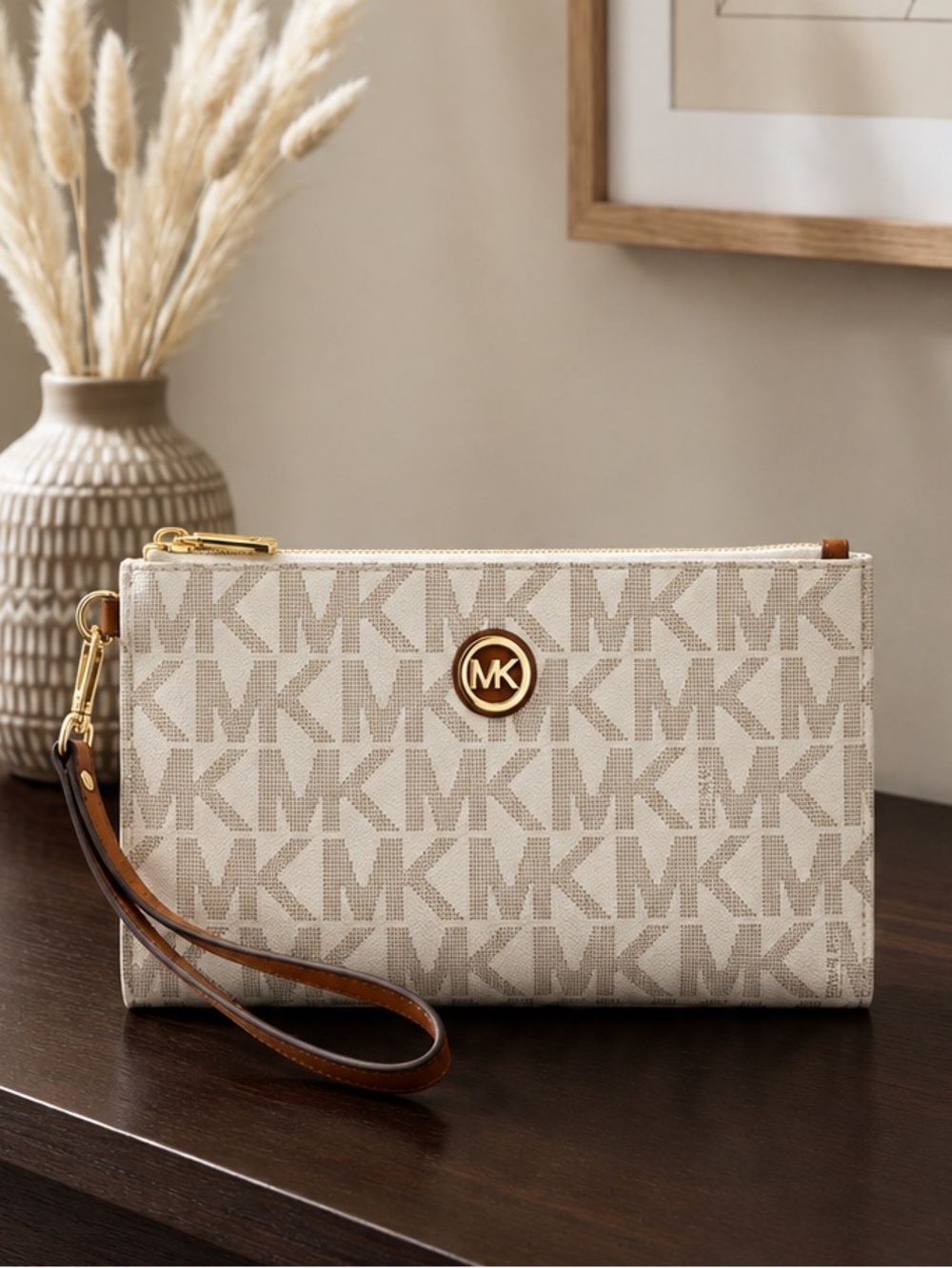 Michael Kors Fulton Large Zip Clutch Wristlet Vanilla Signature